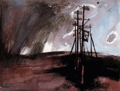 Тревожный пейзаж.  Бумага, акварель, темпера, глубокочерная гуашь 20,4 х 26,5 см. 1989